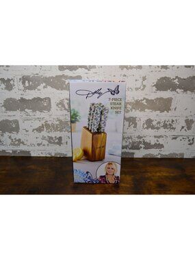 Dolly Parton 7-Piece Steak Knife Set Acacia Wood Block Blue Butterflies